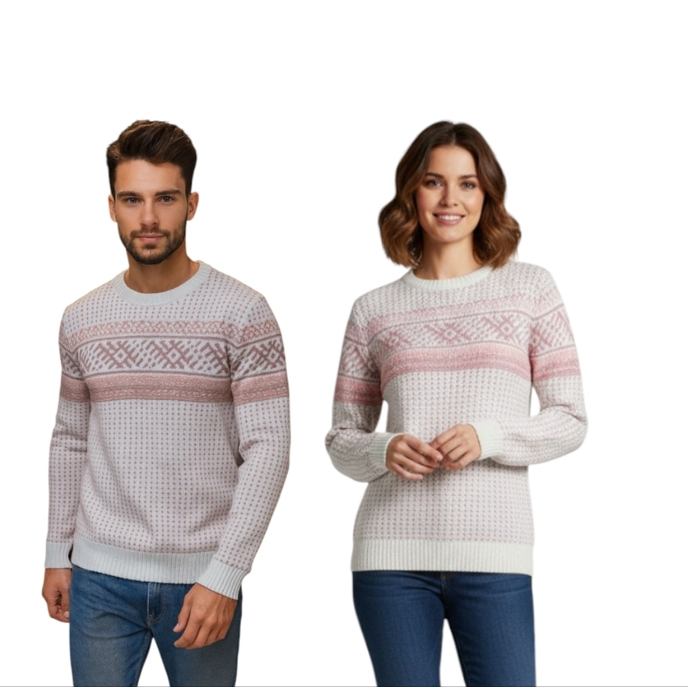 Merona Nordic Cotton Fair Isle Geometric Crew Neck Sweater Beige/Pink Pullover M